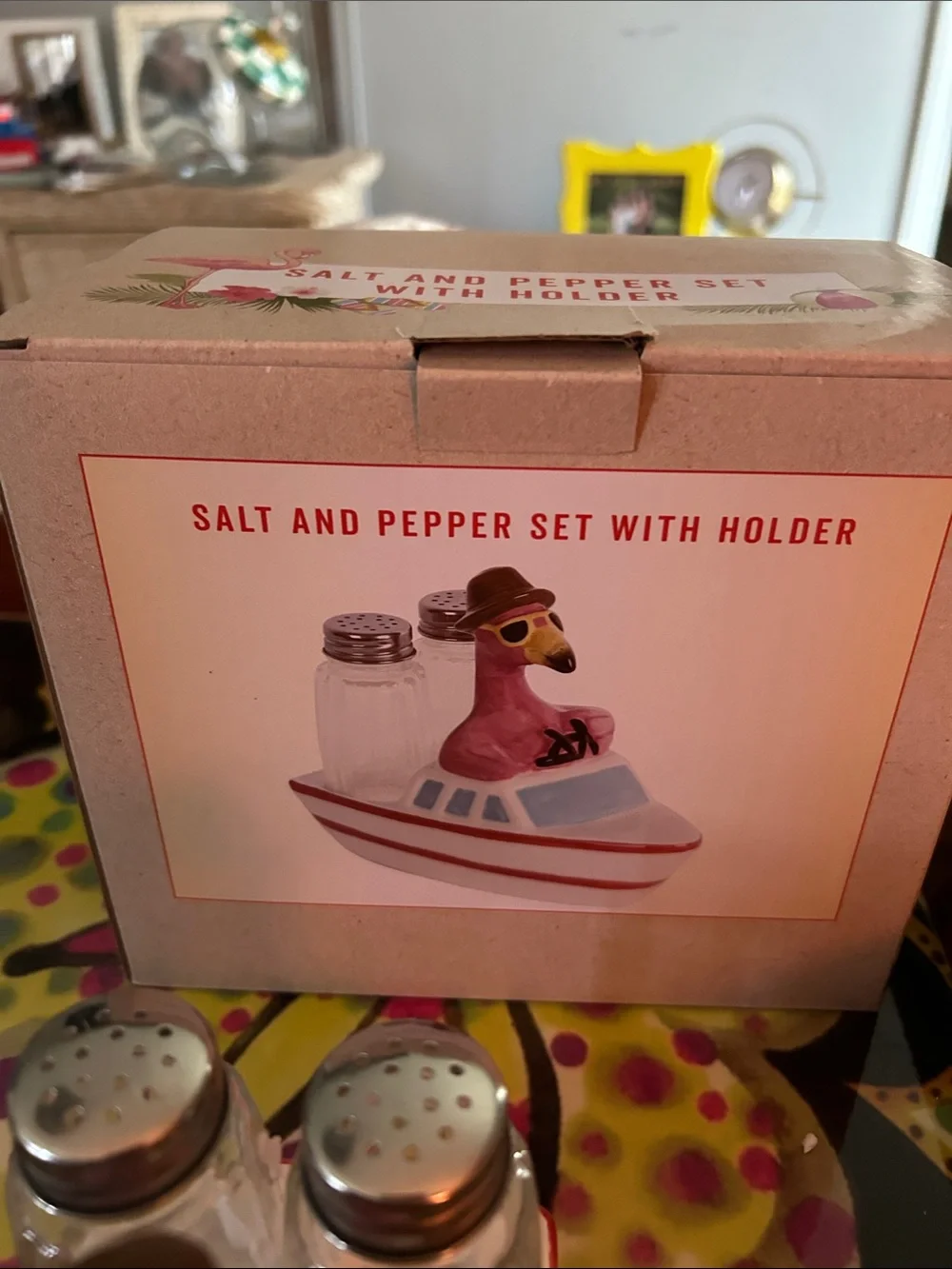 Pink Flamingo Salt & Pepper Set with Boat Holder
